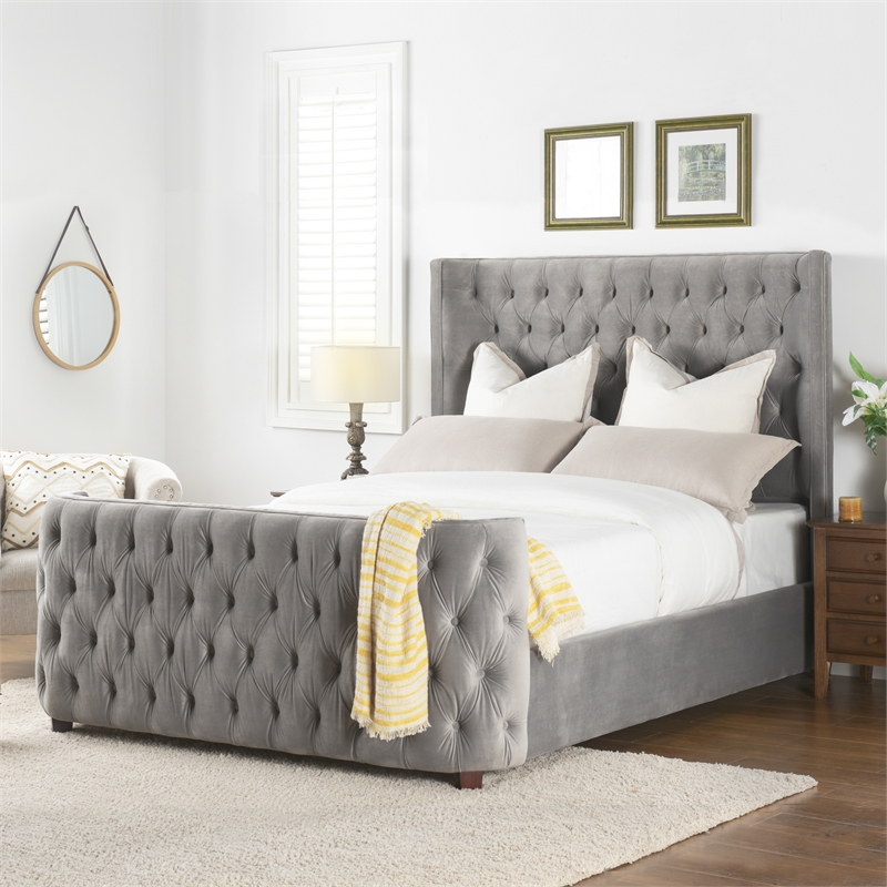 Maklaine Modern Hardwood Queen Tufted Velvet Bed in Opal Grey