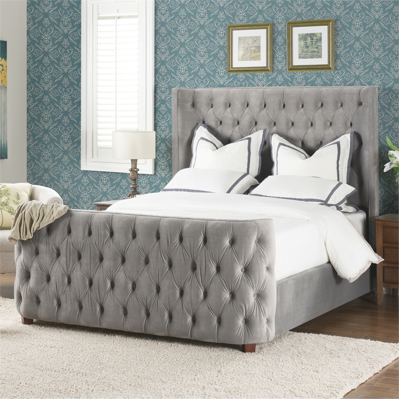 Maklaine Modern Hardwood Queen Tufted Velvet Bed in Opal Grey