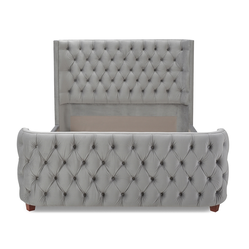 Maklaine Modern Hardwood Queen Tufted Velvet Bed in Opal Grey