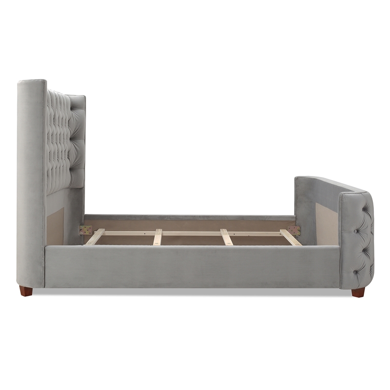 Maklaine Modern Hardwood Queen Tufted Velvet Bed in Opal Grey