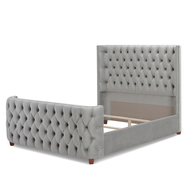 Maklaine Modern Hardwood Queen Tufted Velvet Bed in Opal Grey