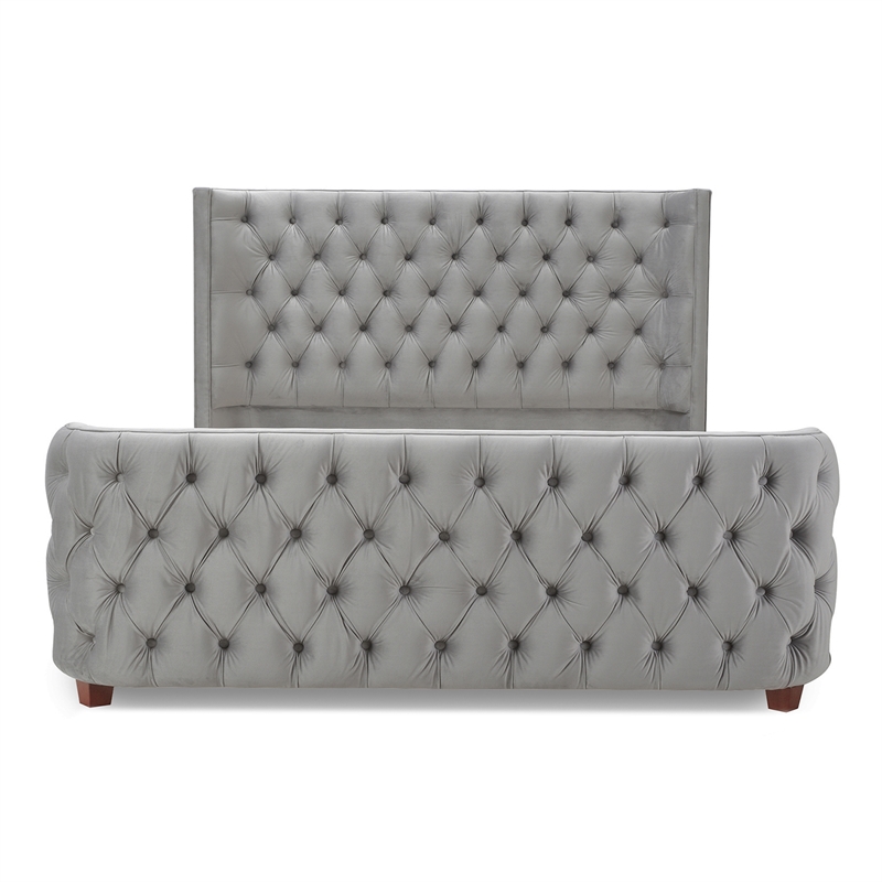 Maklaine Modern Hardwood Queen Tufted Velvet Bed in Opal Grey