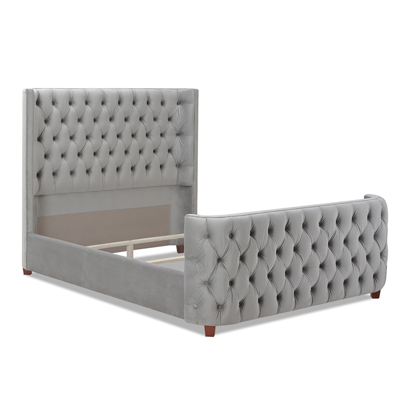Maklaine Modern Hardwood Queen Tufted Velvet Bed in Opal Grey