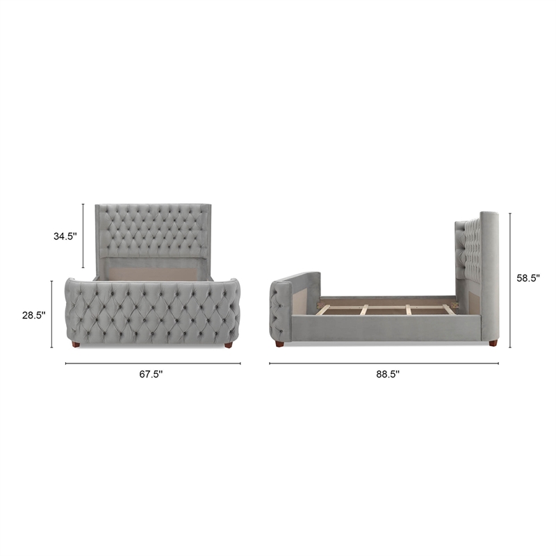 Maklaine Modern Hardwood Queen Tufted Velvet Bed in Opal Grey