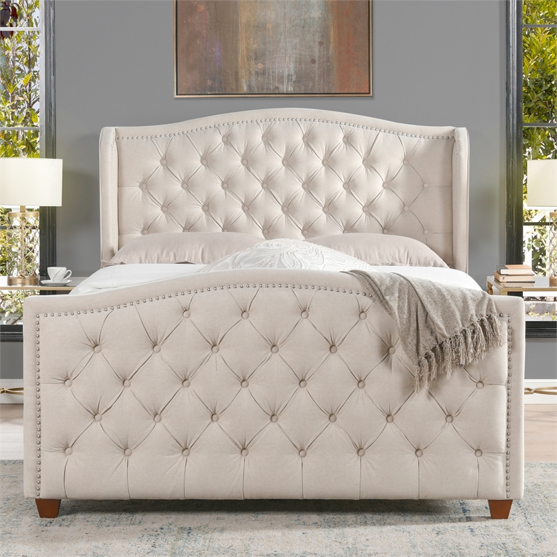 Maklaine Modern Hardwood Tufted Wingback Queen Bed in Sky Neutral