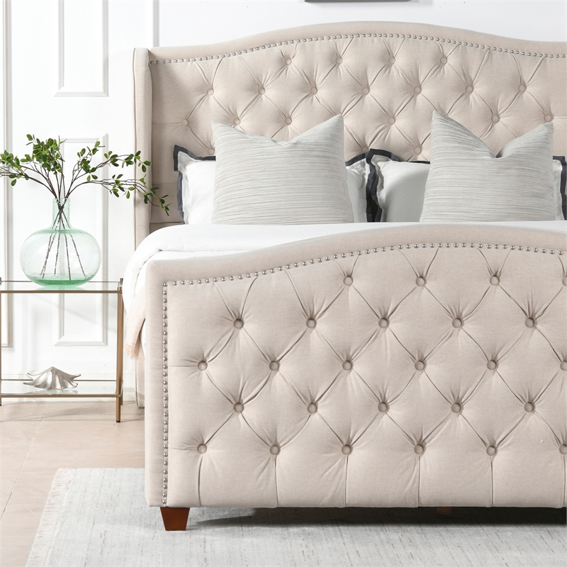 Maklaine Modern Hardwood Tufted Wingback Queen Bed in Sky Neutral