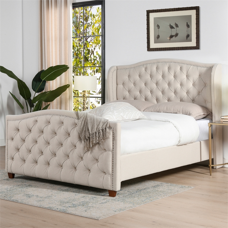 Maklaine Modern Hardwood Tufted Wingback Queen Bed in Sky Neutral