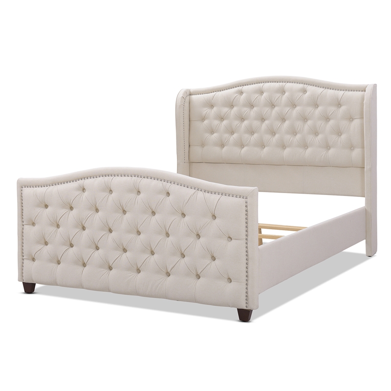 Maklaine Modern Hardwood Tufted Wingback Queen Bed in Sky Neutral