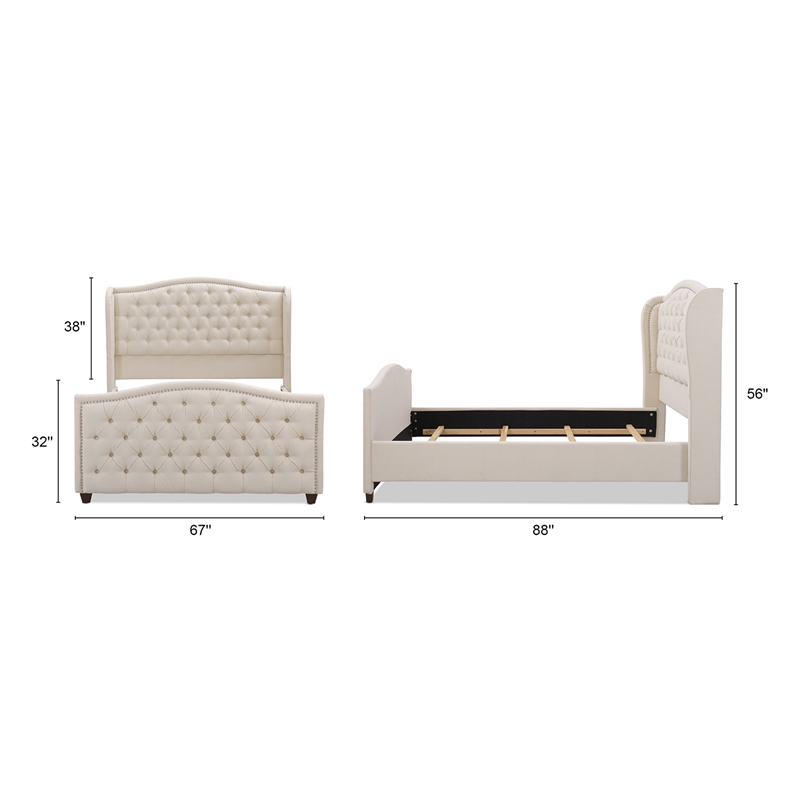 Maklaine Modern Hardwood Tufted Wingback Queen Bed in Sky Neutral
