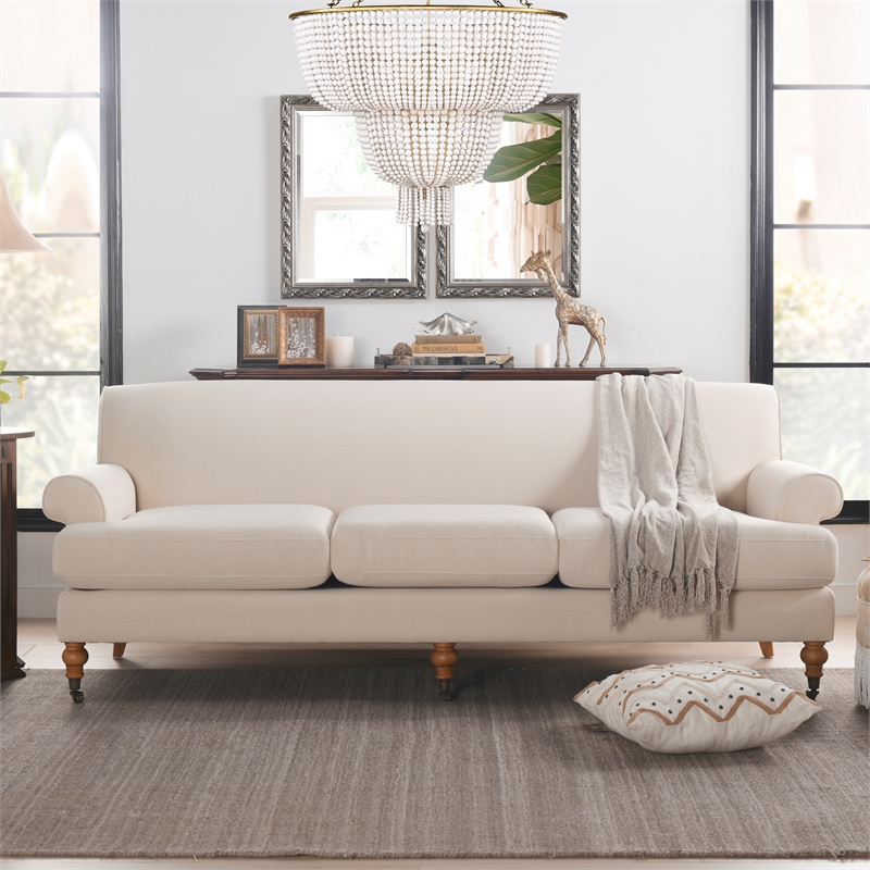 Maklaine Contemporary Hardwood Sofa with Metal Casters in Sky Neutral