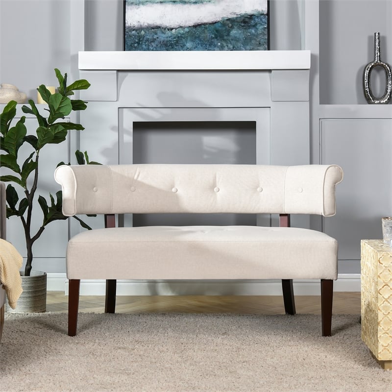Maklaine Modern Roll Arm Tufted Polyester Fabric Bench in Cream