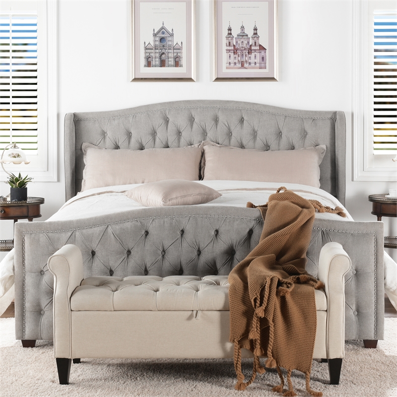 Maklaine Modern Hardwood Tufted Wingback King Bed in Silver Grey