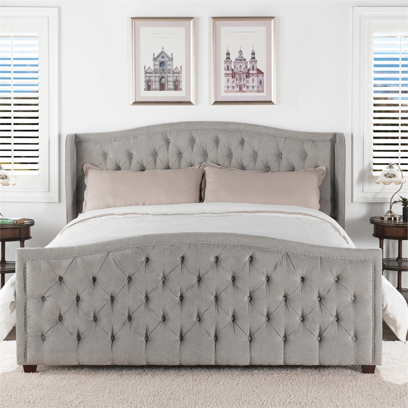 Maklaine Modern Hardwood Tufted Wingback King Bed in Silver Grey
