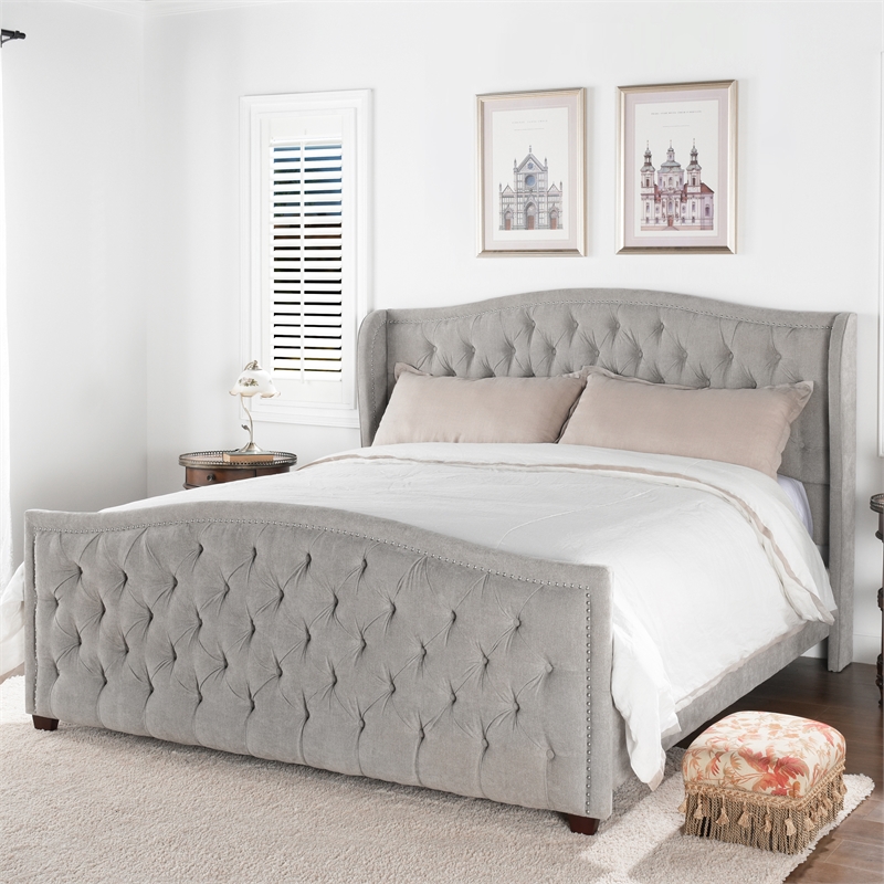 Maklaine Modern Hardwood Tufted Wingback King Bed in Silver Grey