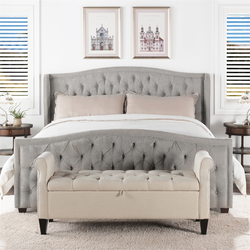 Maklaine Modern Hardwood Tufted Wingback King Bed in Silver Grey
