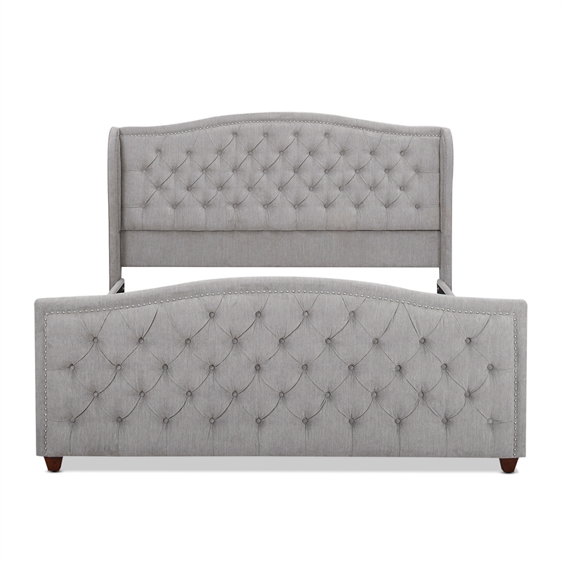 Maklaine Modern Hardwood Tufted Wingback King Bed in Silver Grey