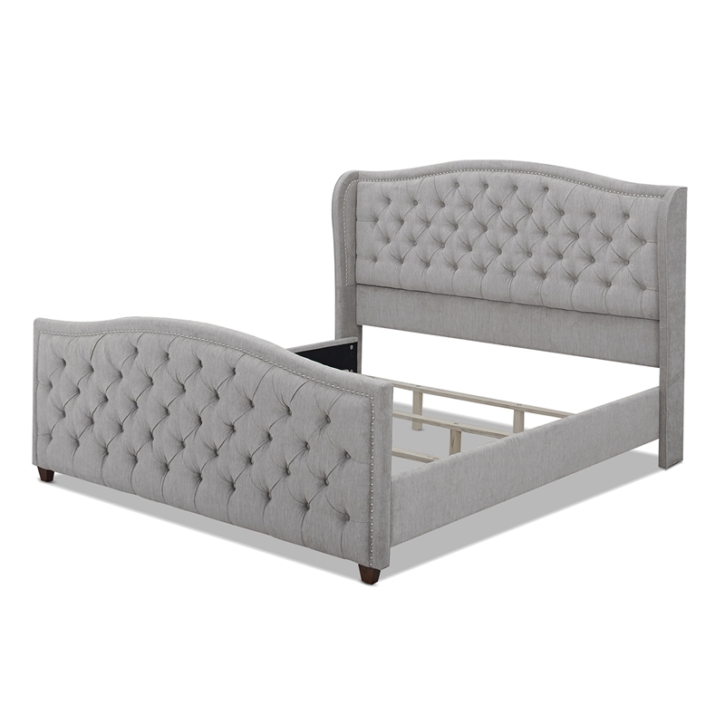 Maklaine Modern Hardwood Tufted Wingback King Bed in Silver Grey