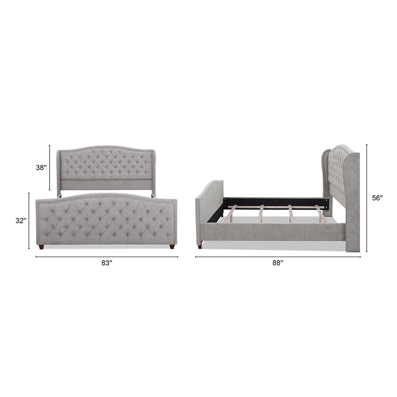 Maklaine Modern Hardwood Tufted Wingback King Bed in Silver Grey