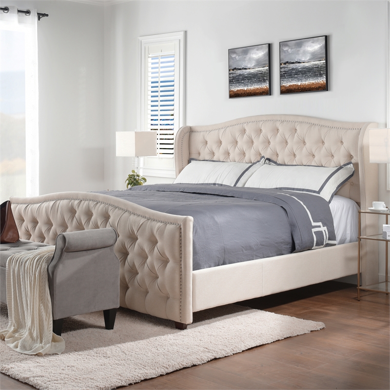 Maklaine Modern Hardwood Tufted Wingback King Bed in Sky Neutral