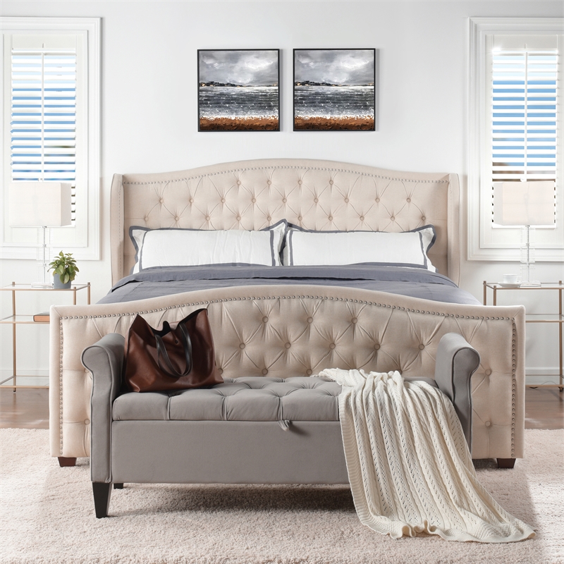 Maklaine Modern Hardwood Tufted Wingback King Bed in Sky Neutral