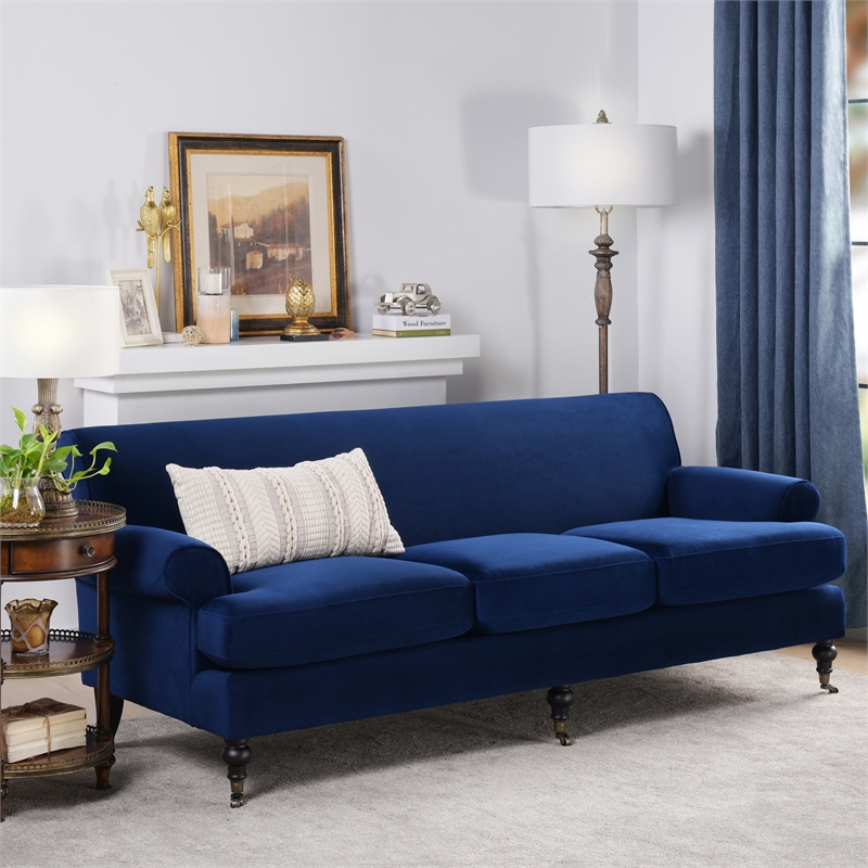 Maklaine Contemporary Hardwood Sofa with Metal Casters in Navy Blue