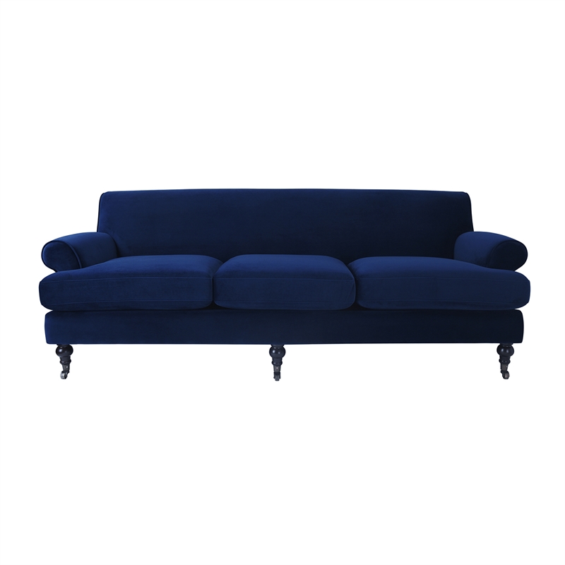 Maklaine Contemporary Hardwood Sofa with Metal Casters in Navy Blue