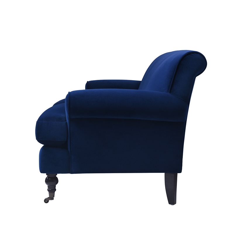 Maklaine Contemporary Hardwood Sofa with Metal Casters in Navy Blue