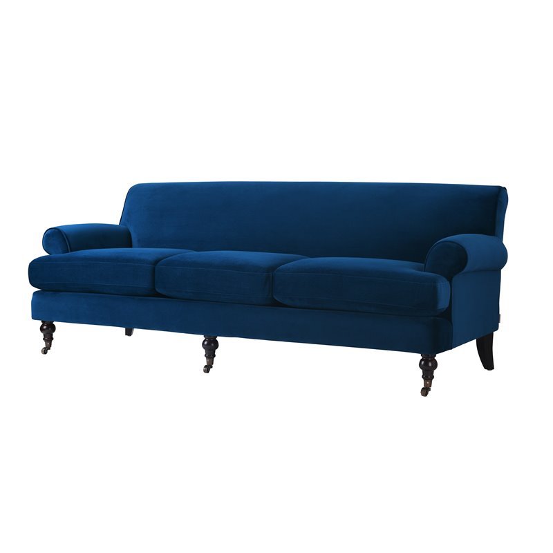 Maklaine Contemporary Hardwood Sofa with Metal Casters in Navy Blue