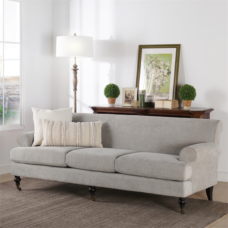 Maklaine Contemporary Hardwood Sofa with Metal Casters in Silver Grey