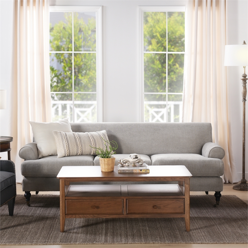 Maklaine Contemporary Hardwood Sofa with Metal Casters in Silver Grey