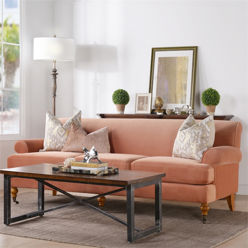 Maklaine Contemporary Hardwood Sofa with Metal Casters in Peach Orange