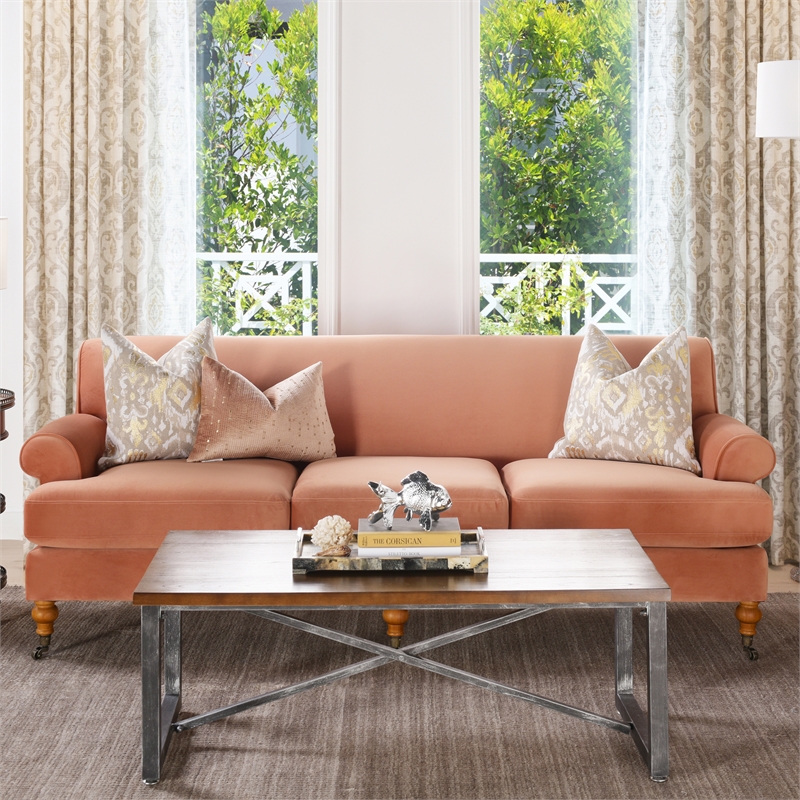 Maklaine Contemporary Hardwood Sofa with Metal Casters in Peach Orange