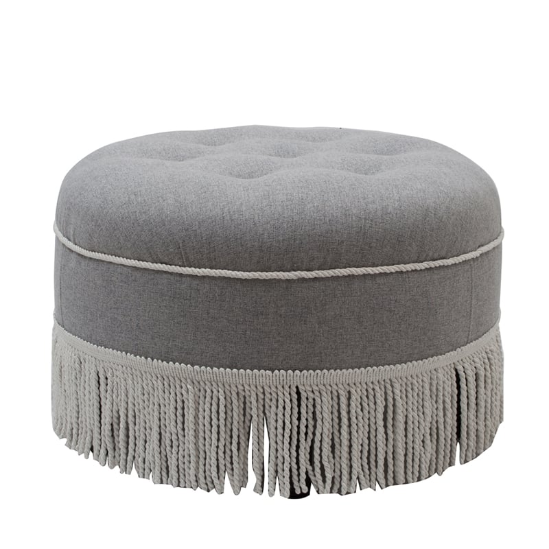 Maklaine Traditional Tufted Decorative Round Ottoman in Light Grey