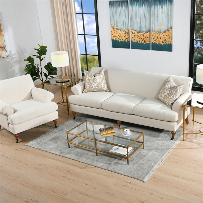 Maklaine Modern Recessed Arm Sofa Metal Casters in Light Beige