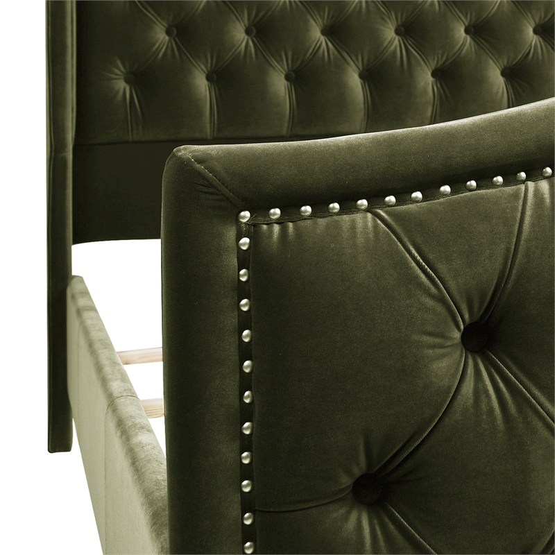 Maklaine Contemporary Tufted Wingback Queen Bed in Olive Green