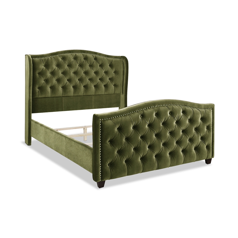 Maklaine Contemporary Tufted Wingback Queen Bed in Olive Green