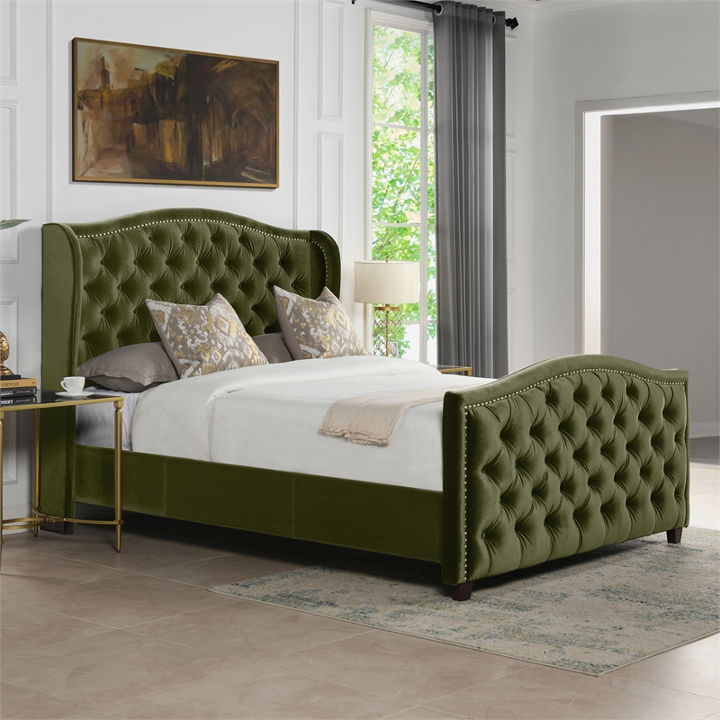 Maklaine Contemporary Tufted Wingback Queen Bed in Olive Green