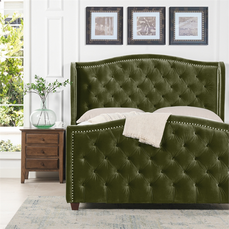 Maklaine Contemporary Tufted Wingback Queen Bed in Olive Green