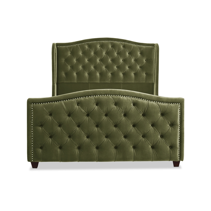 Maklaine Contemporary Tufted Wingback Queen Bed in Olive Green