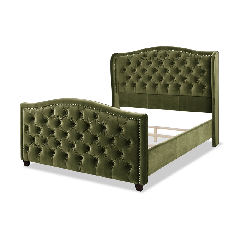 Maklaine Contemporary Tufted Wingback Queen Bed in Olive Green