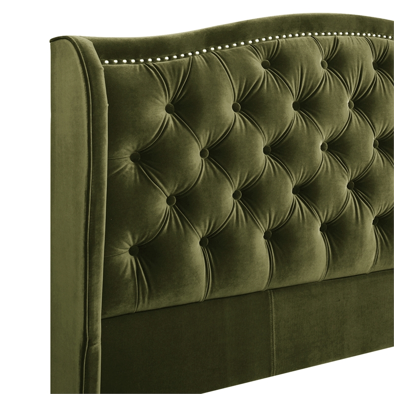 Maklaine Contemporary Tufted Wingback Queen Bed in Olive Green