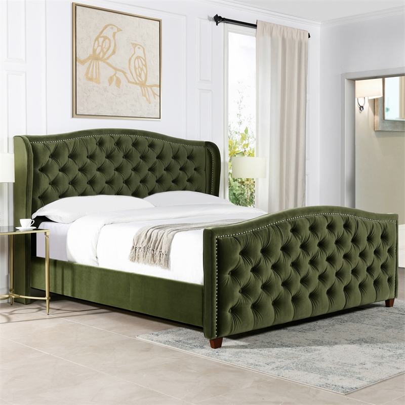 Maklaine Modern Upholstered Shelter Headboard Bed King in Olive Green