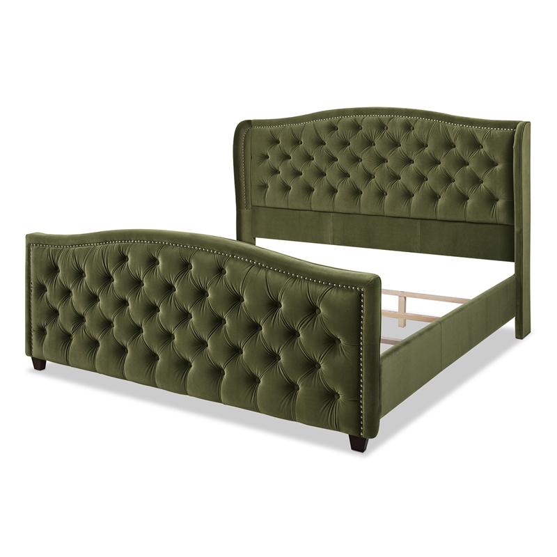 Maklaine Modern Upholstered Shelter Headboard Bed King in Olive Green