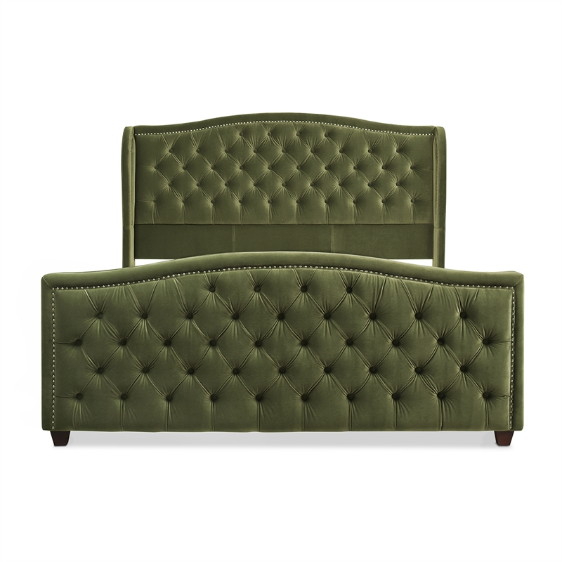 Maklaine Modern Upholstered Shelter Headboard Bed King in Olive Green