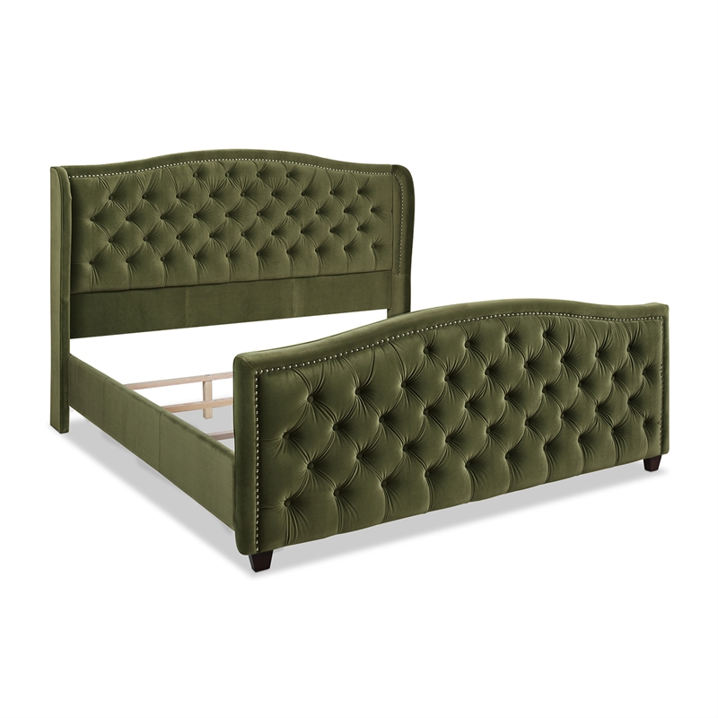 Maklaine Modern Upholstered Shelter Headboard Bed King in Olive Green