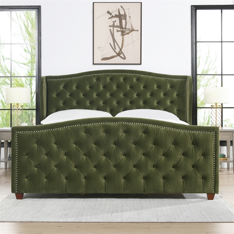 Maklaine Modern Upholstered Shelter Headboard Bed King in Olive Green