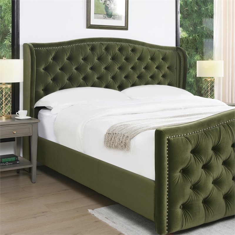 Maklaine Modern Upholstered Shelter Headboard Bed King in Olive Green