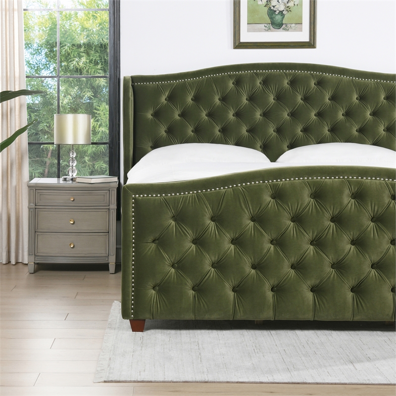 Maklaine Modern Upholstered Shelter Headboard Bed King in Olive Green