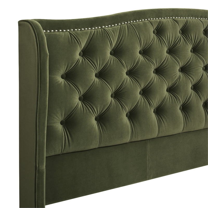 Maklaine Modern Upholstered Shelter Headboard Bed King in Olive Green