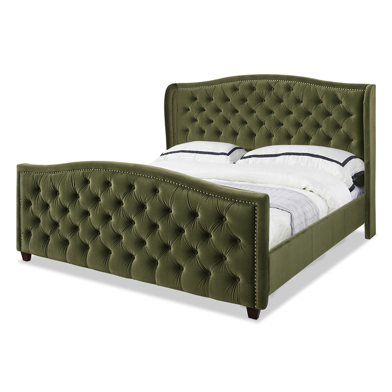 Maklaine Modern Upholstered Shelter Headboard Bed King in Olive Green